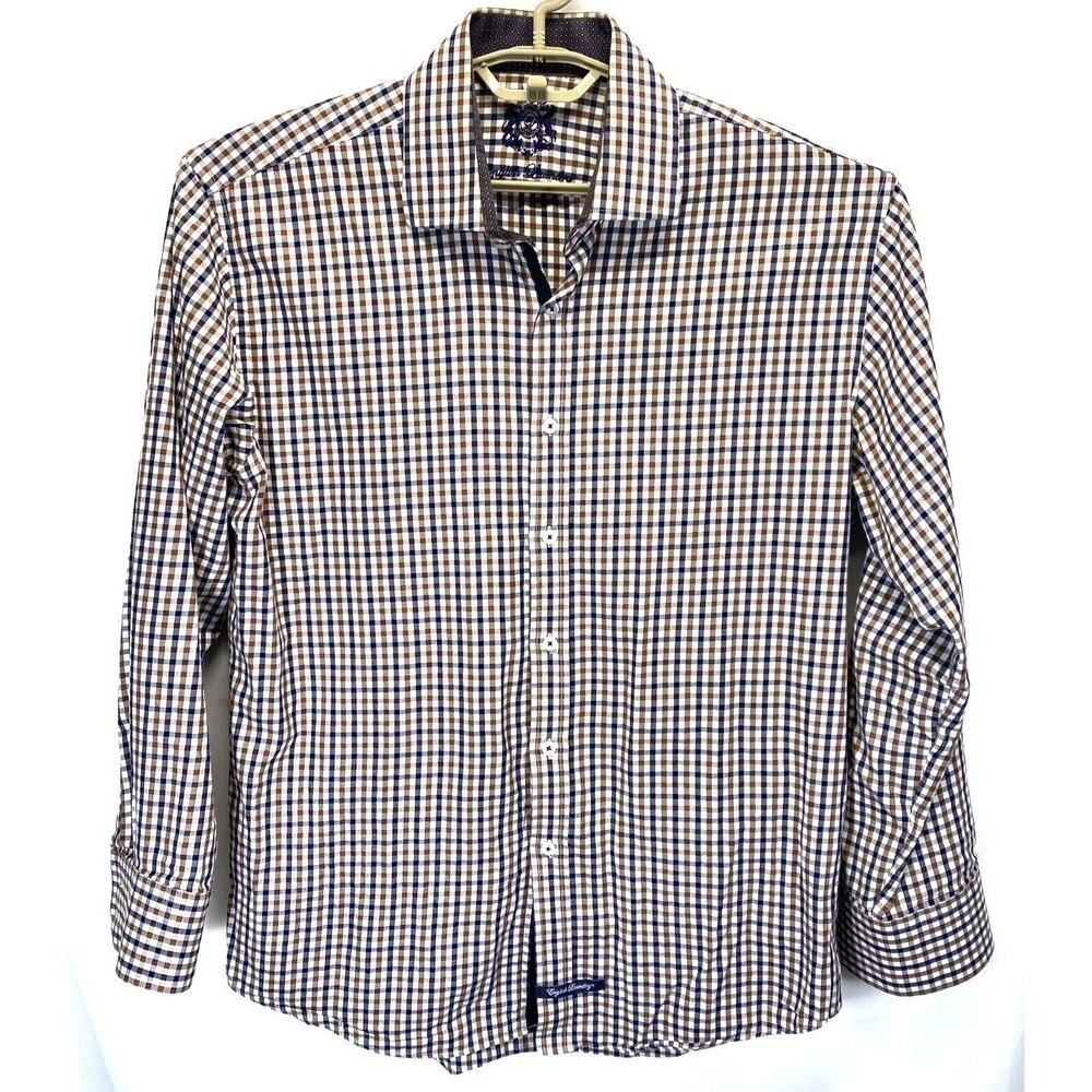 English Laundry Men's Dress Shirt 16 1/2-34/35 Contrast Cuff Blue/Brown Check